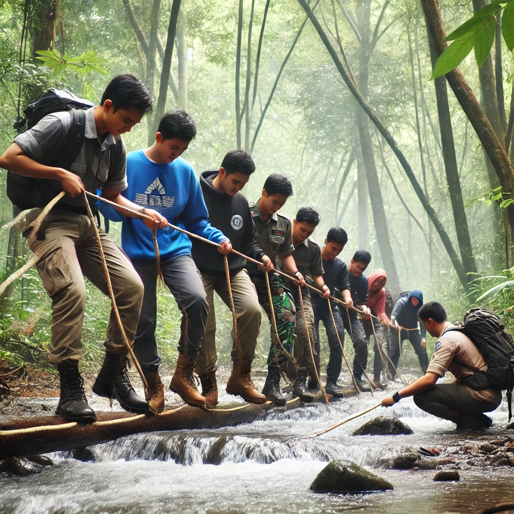 DALL·E 2024-10-15 20.55.13 - A group of participants engaged in a river crossing activity as part of an outdoor team-building program